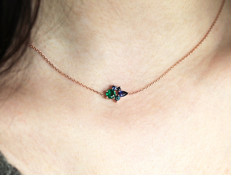 Cluster Necklace, Sapphire Necklace, Emerald Necklace, May September Necklace, Ombre Necklace Rose Gold image 4