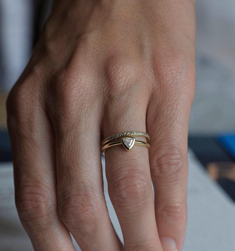 Diamond Wedding Set, Diamond Engagement Ring, Trillion Wedding Diamond Ring, Triangle Diamond Ring, Eternity Diamond Band, 18k solid gold image 3