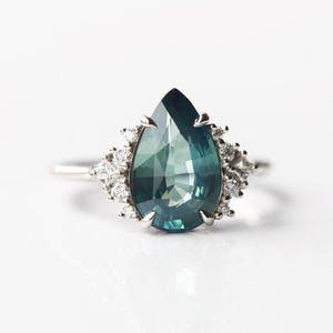 Sapphire cluster ring, Diamond cluster ring, Teal sapphire diamond engagement ring, Pear engagement ring, Blue green sapphire ring