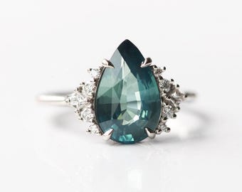 Sapphire cluster ring, Diamond cluster ring, Teal sapphire diamond engagement ring, Pear engagement ring, Blue green sapphire ring