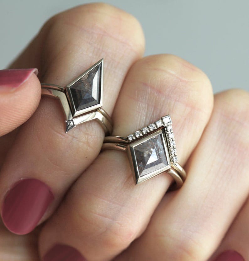 Kite Diamond Engagement Ring With Kite Diamond Wedding Band Etsy