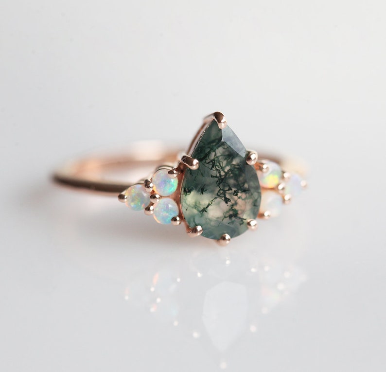 Pear moss agate ring with side Australian opals, Moss agate engagement ring set image 5
