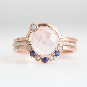 Curved opal ring, Small gemstone stacking ring, Filigree nesting wedding band image 3