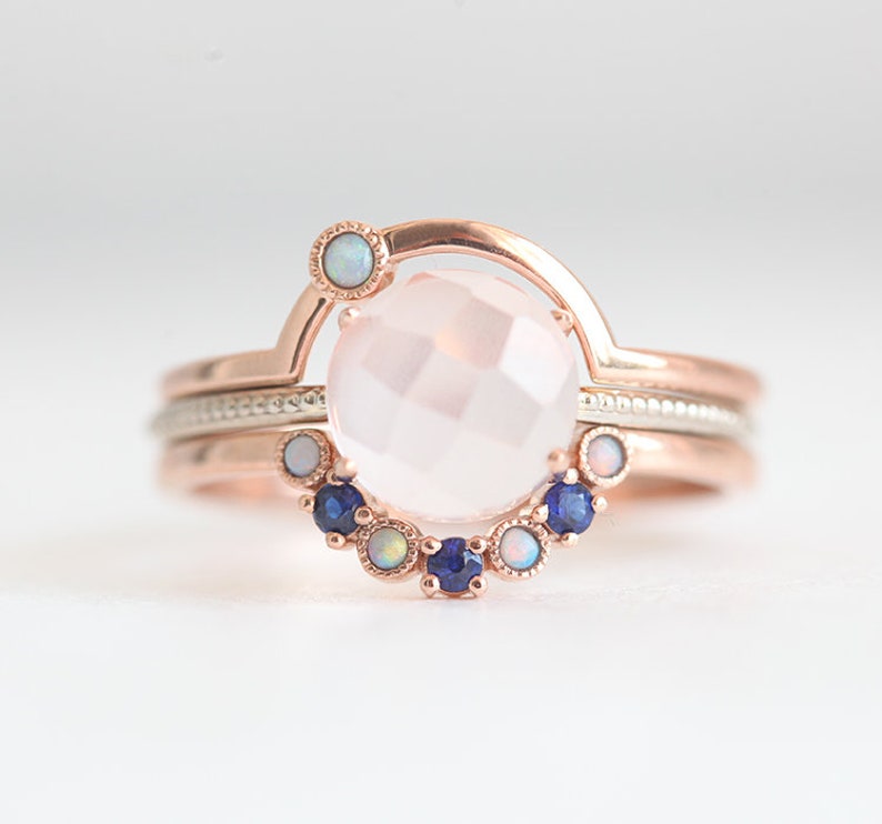 Curved opal ring, Small gemstone stacking ring, Filigree nesting wedding band image 3