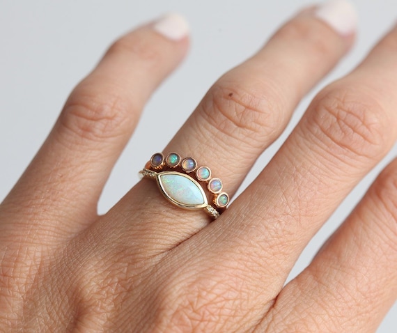 Three Stone Oval Blue Stone Opal Wedding Ring Set 14k Guard Enhancer Ring  Stack