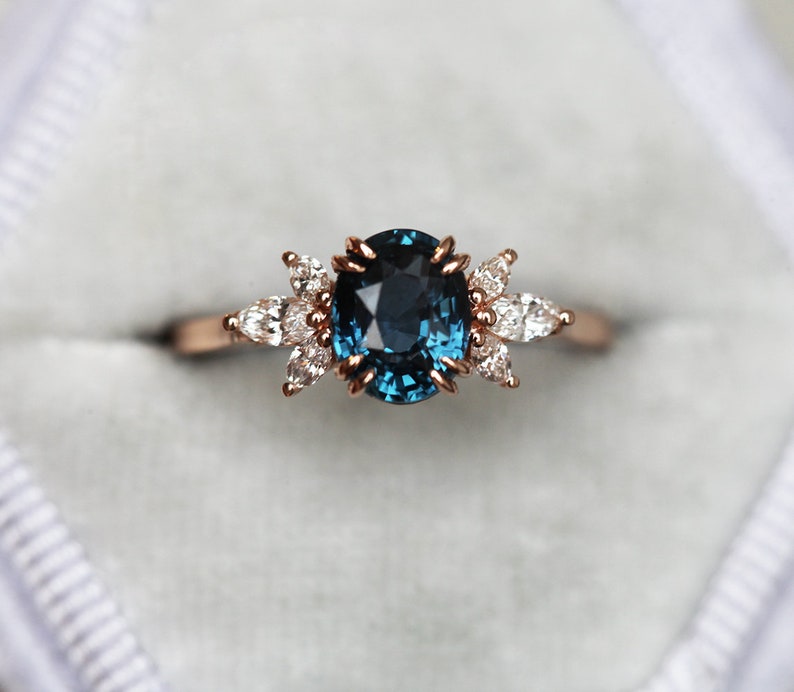 Oval Blue Sapphire Diamond Ring, Blue Sapphire Engagement Ring with Side Diamonds, Oval Cut Sapphire Ring image 6