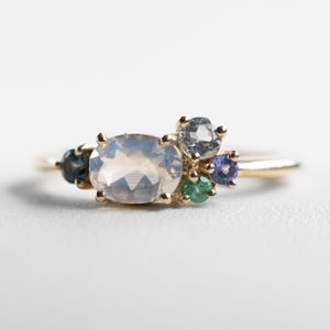 Oval Moonstone Cluster Ring, Sapphire Engagement Ring in 14k or 18k Solid Gold