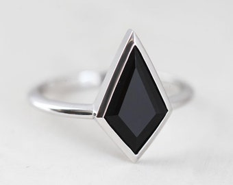 Black spinel ring, Bezel engagement ring, Kite shaped ring, Solid gold ring, Silver solitaire ring
