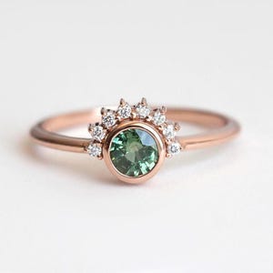 Round Sapphire Engagement Ring Rose Gold, Green Sapphire Diamond Ring, Sapphire Diamond Engagement Ring
