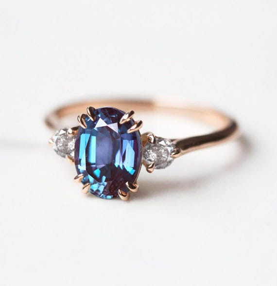 Oval alexandrite ring, Alexandrite three stone ring, Alexandrite diamond ring