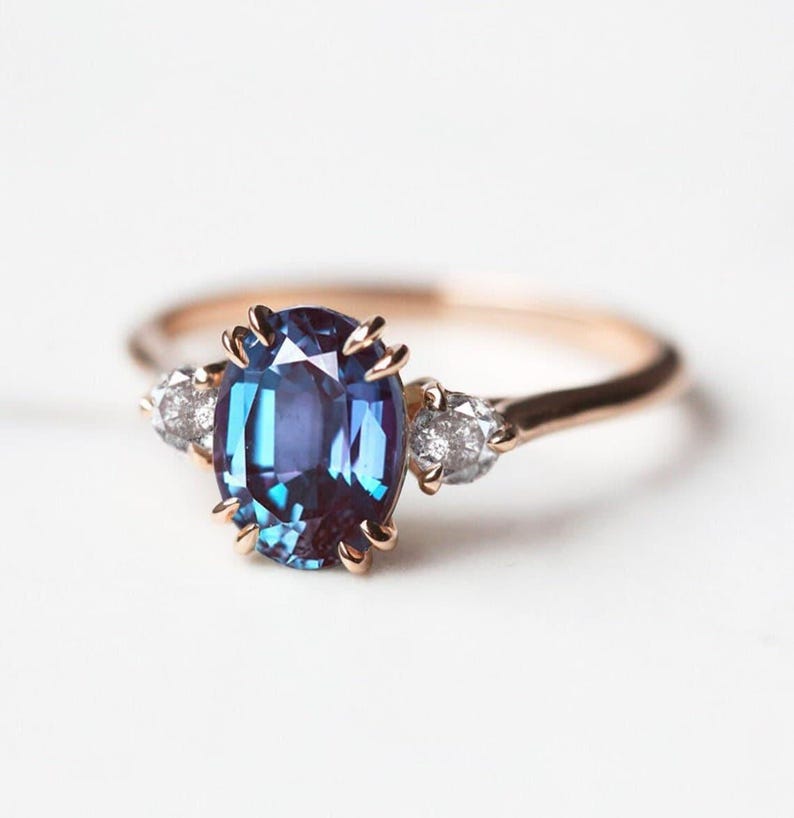 Oval alexandrite ring, Alexandrite three stone ring, Alexandrite diamond ring image 1
