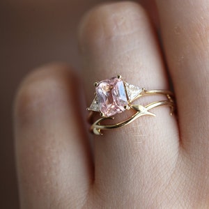 Peach Blush Sapphire Engagement Ring, Radiant Peach Sapphire Ring with Trillion Diamonds, Trillion Diamond Ring by Minimalvs image 6