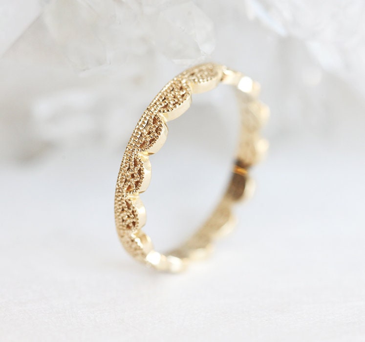 Filigree Wedding Band Gold Lace Ring Petite Stacking Band Solid