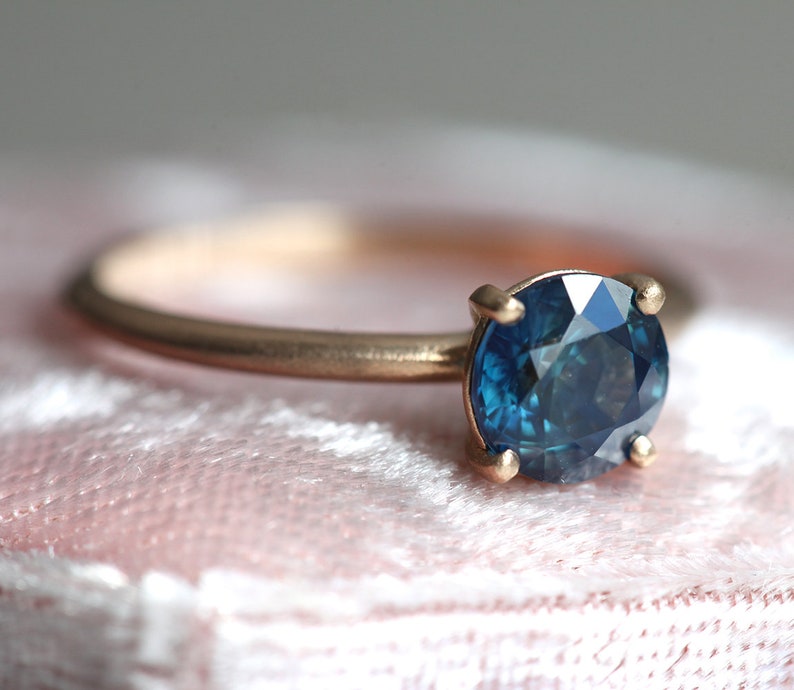 Simple Blue Sapphire Engagement Ring, Sapphire Solitaire Engagement Ring, Four Prong Teal Sapphire Ring with matte band image 4