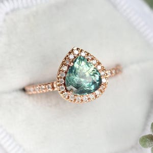 Teal Sapphire Engagement Ring, Pear Sapphire Ring, Blue Green Pear Sapphire Ring, Halo Diamond ring