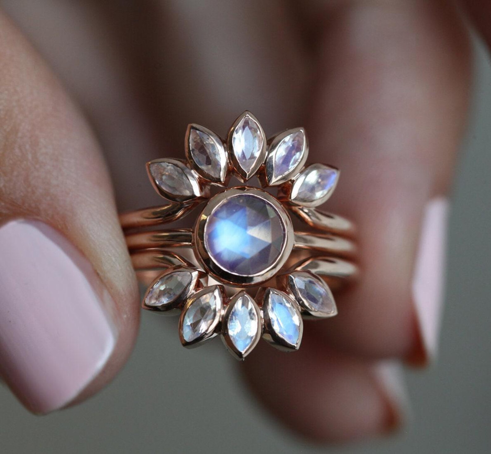 Round Moonstone Ring, Solid Gold Band With Rose Cut 6mm Round Blue ...