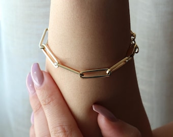 14k solid gold paperclip bracelet, yellow gold paperclip chain bracelet