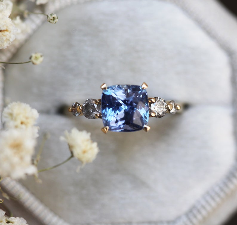 2ct Blue Sapphire Cushion Ring, Sapphire Engagement Ring with Salt Pepper Diamonds, Sapphire Diamond Engagement Ring, Blue Cushion Ring image 5