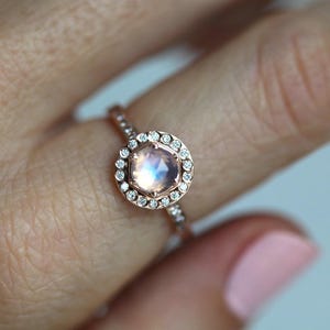 Moonstone Engagement Ring, Halo Diamond Moonstone Ring, Rainbow Blue Moonstone Engagement Diamond Ring