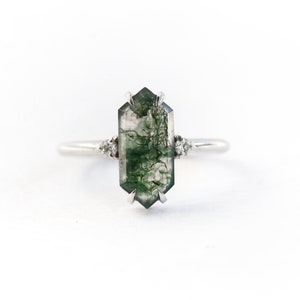 Hexagon moss agate diamond ring, Three stone moss agate ring with elongated hexagon image 2