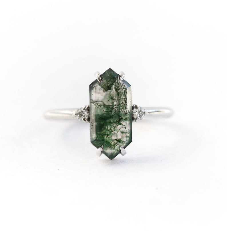 Hexagon moss agate diamond ring, Three stone moss agate ring with elongated hexagon image 2