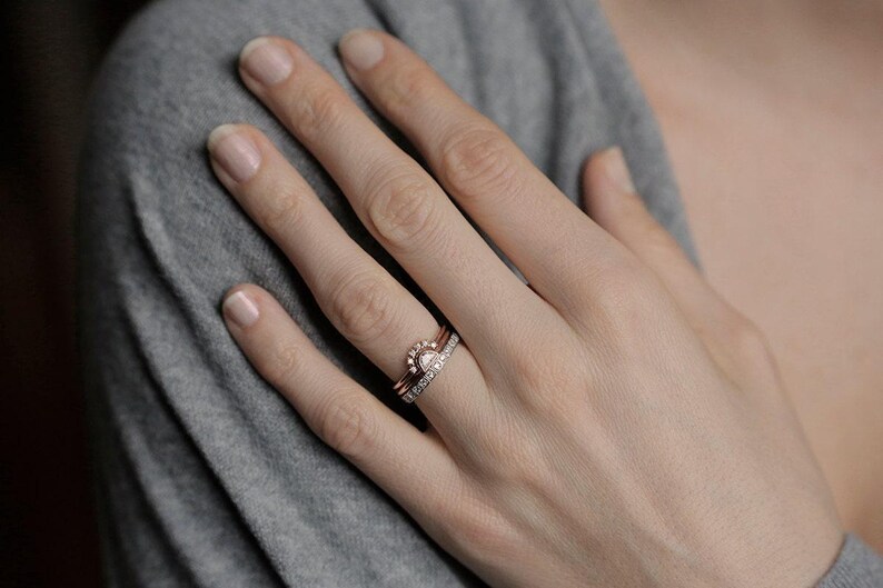 Half Moon Diamond Ring, Rose Gold Diamond Set, Rose Gold Wedding Set, Rose Gold Diamond Ring, Engagement Ring, 14k Rose Gold image 6