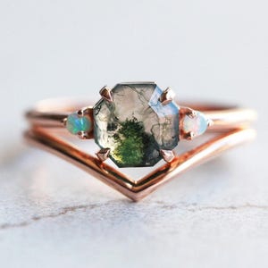 Moss agate engagement ring set, Gemstone ring, Rustic opal set, Organic hexagon wedding set