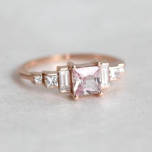 Artdeco Sapphire Ring, Square Princess Peach Sapphire and Diamond Cluster in 14k or 18k Solid Gold with 5mm Center Stone