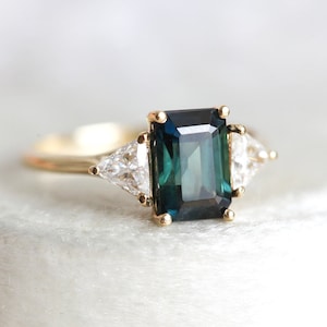 Emerald Cut Sapphire With Triangle Diamonds, Green Sapphire Ring ...