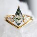 Engagement ring set, Unique gemstone set, Moss agate kite & diamond geometric alternative set