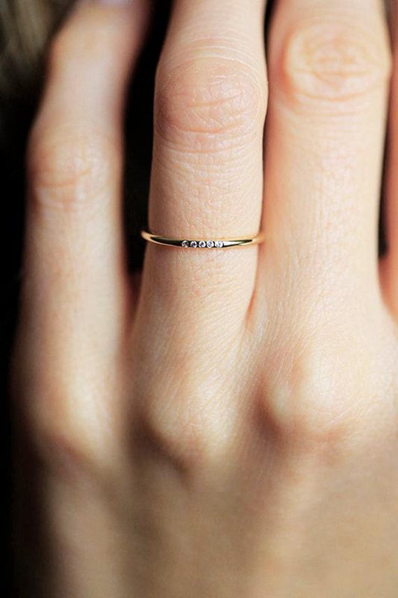 Diamond Band Thin Wedding Ring Small Diamond Ring Dainty Flush Ring Tiny Gemstone Band Etsy