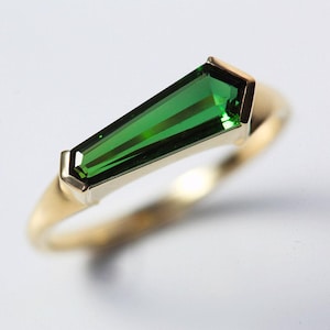 Modern green tourmaline ring, geometric emerald green tourmaline engagement ring, Unique engagement ring
