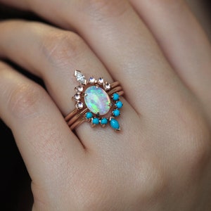 Ocean Ring Set, Engagement Ring Set with Oval Australian Fire Opal, Moonstone, Diamond & Turquoise Curved Band Rings, Bridal or Wedding Set image 10