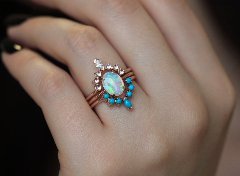 Ocean Ring Set, Engagement Ring Set with Oval Australian Fire Opal, Moonstone, Diamond & Turquoise Curved Band Rings, Bridal or Wedding Set image 10