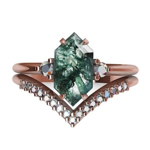 Moss Agate Hexagon & Diamond Engagement Ring Set, White Green Mossy Agate Wedding Set, Alternative Bridal Set by MinimalVS