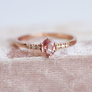 Padparadscha Sapphire Ring Rose Gold, Peach Sapphire Ring With Diamonds, Simple Sapphire Ring image 8