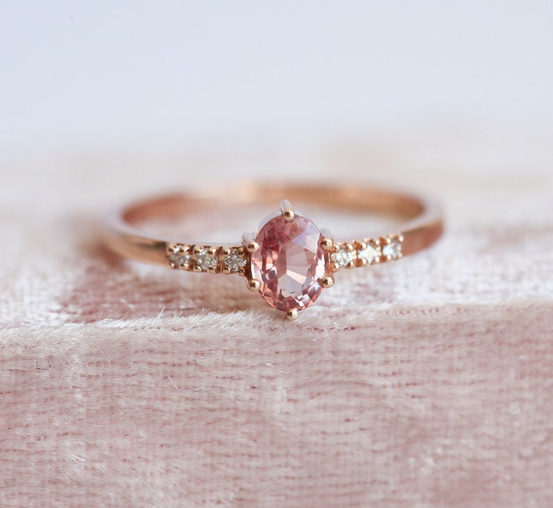 Padparadscha Sapphire Ring Rose Gold, Peach Sapphire Ring With Diamonds, Simple Sapphire Ring image 8