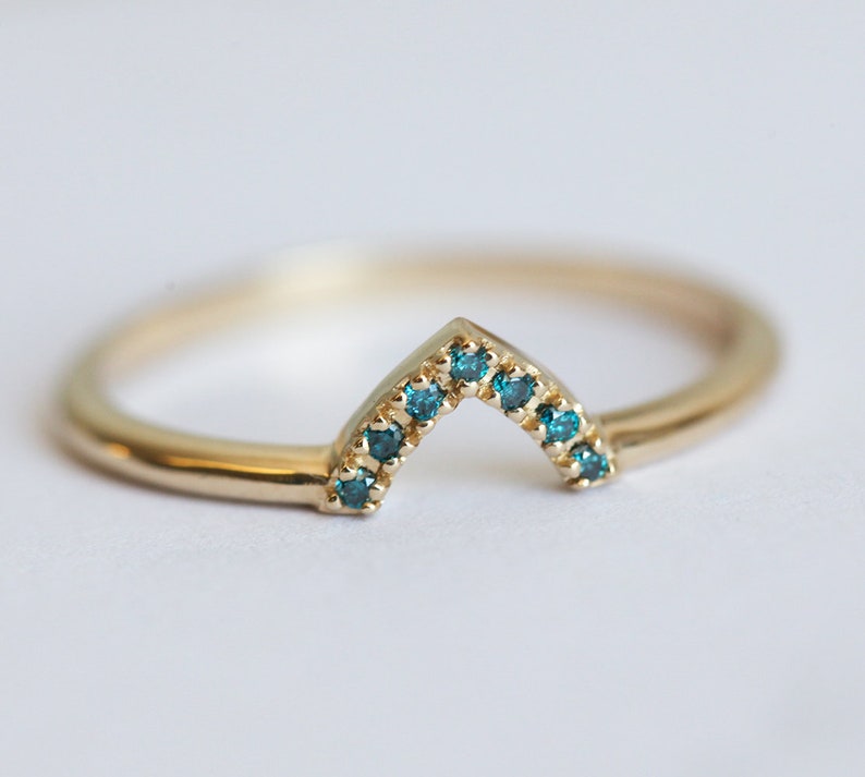 Blue Diamond Wedding Ring, Chevron Band with Blue Diamonds, Yellow Gold V Diamond Ring, Stacking Gold Rings image 3