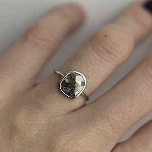 Grey diamond ring, Diamond slice engagement ring, Simple salt pepper ring, Ooak bezel solitaire image 3