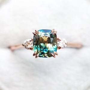 Bi Color Sapphire Ring, sapphire Cushion ring, three stone diamond ring, unique Sapphire Engagement ring
