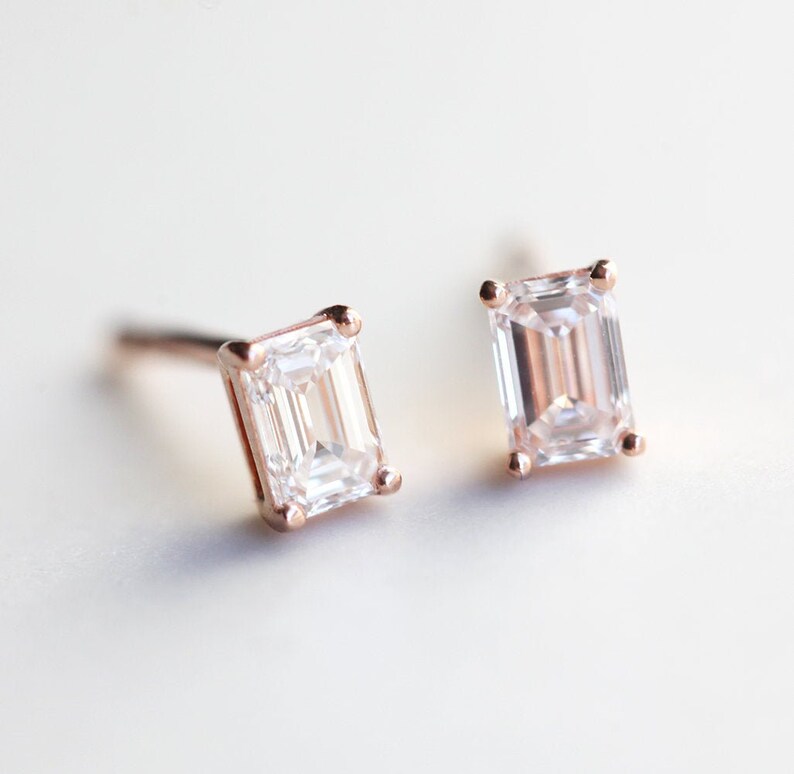 Emerald cut diamond earrings, Diamond Stud Earrings, Emerald Diamond Earrings, Rose Gold Diamond Studs, Everyday diamond earrings image 2