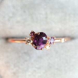 Purple Sapphire Engagement Ring, Cluster Engagement Ring, Unique Rose Gold Engagement Ring