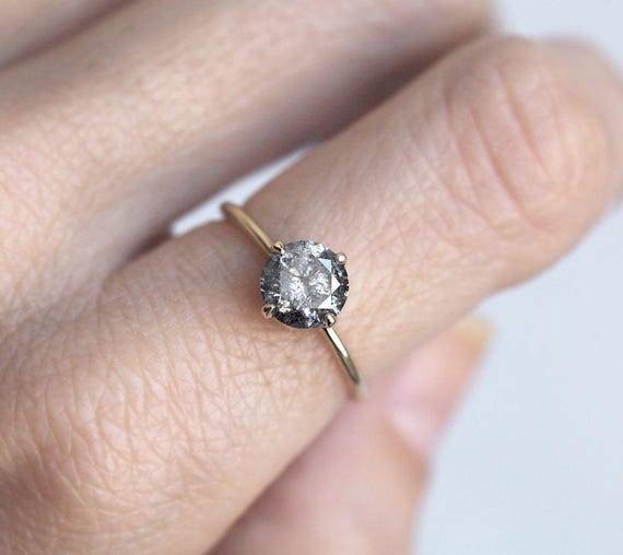 1.5ct Diamond Ring Solitaire Salt Pepper Diamond Ring Yellow Gold Round Diamond Ring Etsy Canada