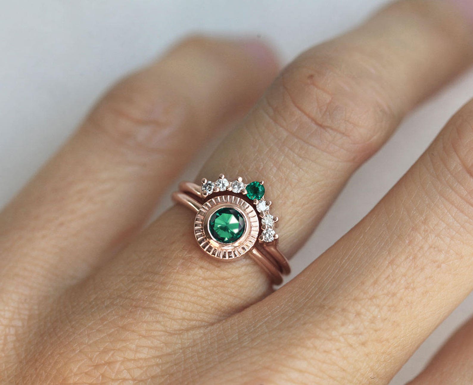 Bohemian Wedding Ring Set Emerald Solitaire Ring With Emerald Etsy