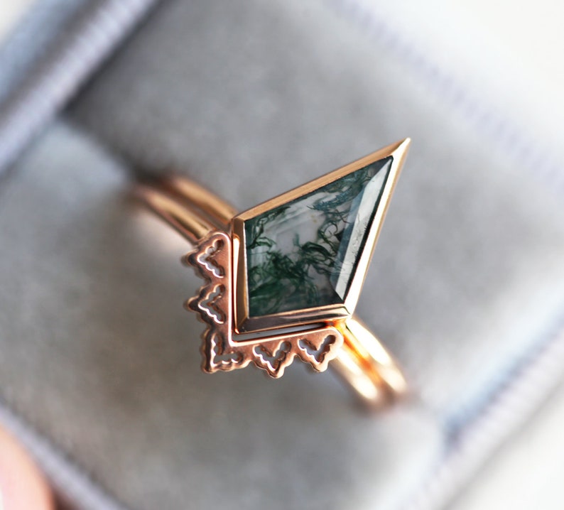 Moss Agate Ring Unique Geometric Moss Agate Engagement Ring | Etsy
