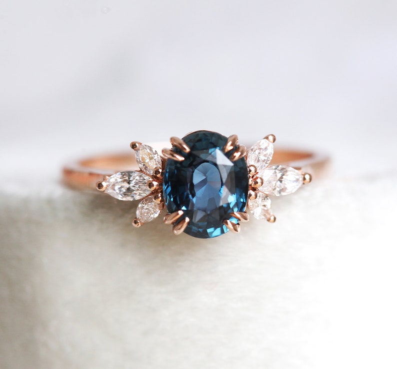 Oval Blue Sapphire Diamond Ring, Blue Sapphire Engagement Ring with Side Diamonds, Oval Cut Sapphire Ring image 1