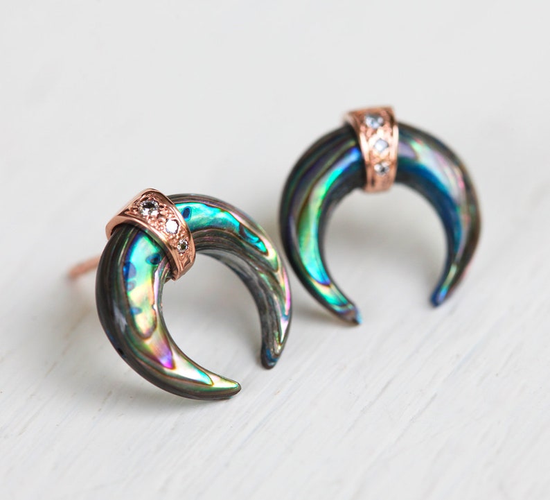 Abalone Shel Earrings, Abalone Studs, Abalone Horn Earrings, 14k Gold Horn Single Stud, Unique Boho Studs image 2