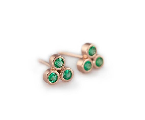 Rose Gold Emerald Earrings, 14K Solid Gold Earrings, Sapphire Studs, 18k Rose Gold Earrings,  Emerald Studs, May Birthstone Gift