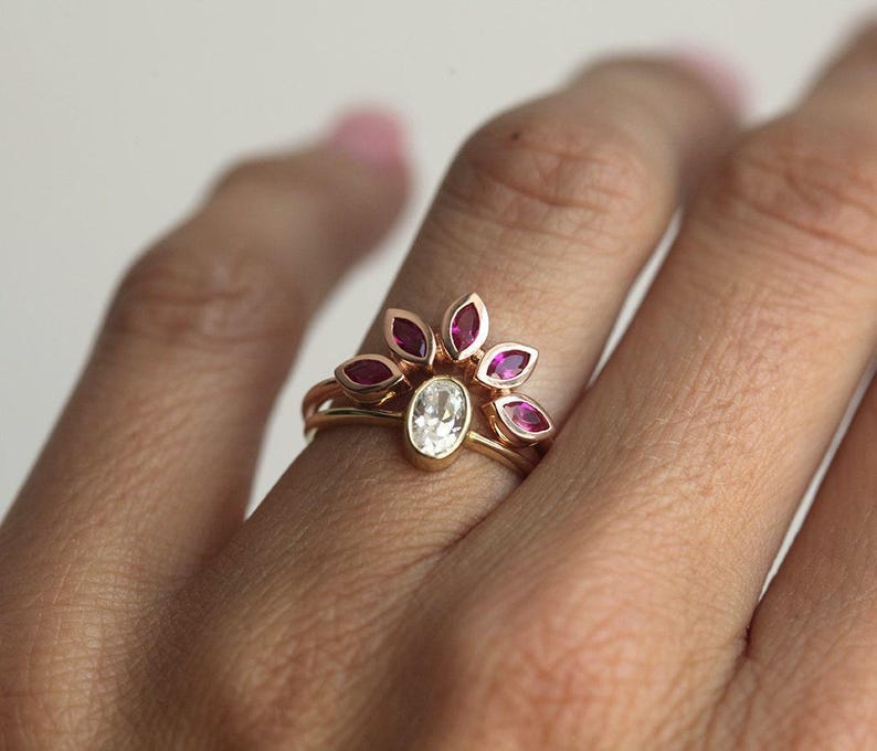 Ruby Wedding Ring, Matching Curved Ruby Band, Marquise Ruby Ring to Fit ...