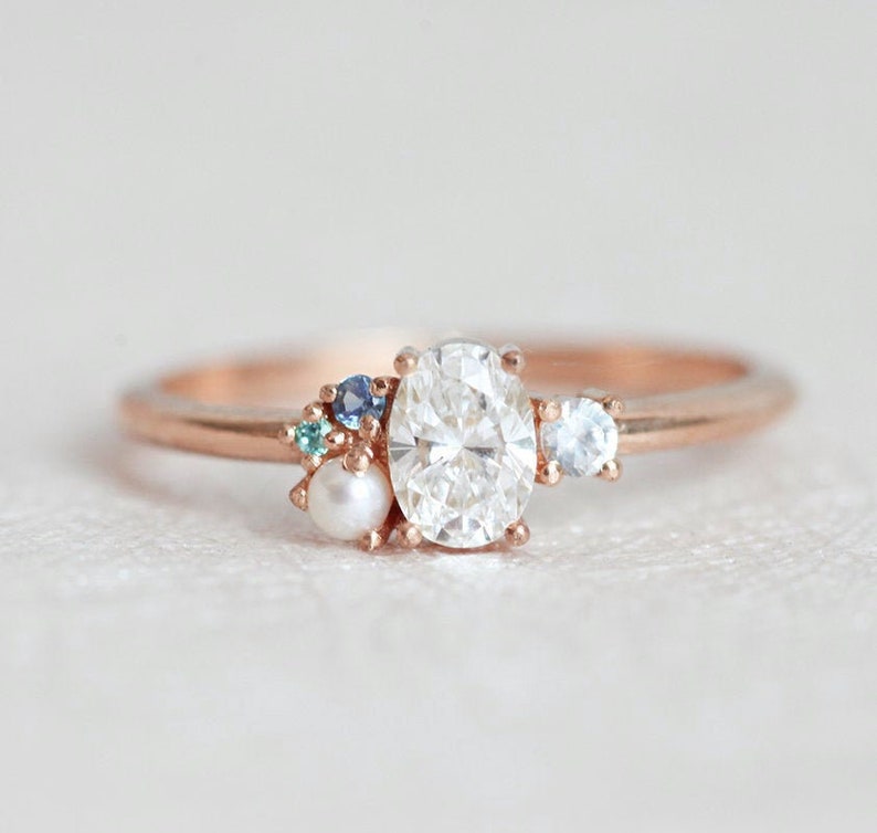 Oval Diamond Ring, Pearl Diamond Cluster Engagement Ring, Oval Cut Diamond Engagement Ring by Minimalvs image 7